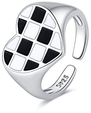IMINI Liebesherz Ring Schwarz Weiß Kariertes Emaille Herz Offener Statement Ring Verstellbare Klobige Bänder Versprechen Finger Ginge für Frauen und Mädchen Fashion Schmuck