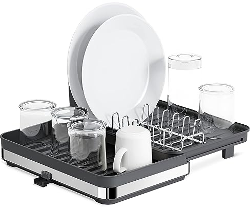 JUPPLIES Escurreplatos Plegable de Acero Inoxidable con Soporte para Cubiertos Extraible - Escurridor De Platos para Fregadero con Drenado al Fregadero, Diseño Moderno, Escurre Platos Negro.