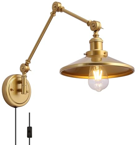 SUNLLOK Moderne Swing Arm Wandleuchte mit Stecker in Schnur-rustikale justierbare goldene Lampenschirm Hängende Wandleuchte für Industrielle Metall Lesen Dekoration für Wohnzimmer Kinder Schlafzimmer