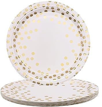 TOPWAYS Disposable Paper Plates, 7inch 25 Pcs White Champagne Gold Dot Large Paper Plates Party Tableware Dinnerware Disposable Dish Platess for Weddings Birthday Engagement Christmas BBQ Picnics