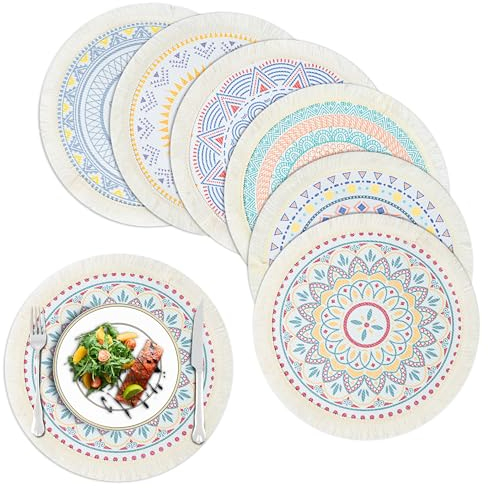 fanquare 6er Set Farbe Weihnachten Tischsets, Runde Baumwolle Drucke Platzsets mit Dekorativem Rand, Abwaschbare Hitzebeständig Tischmatten für Küche, Essen, Hochzeit, Ø 33cm