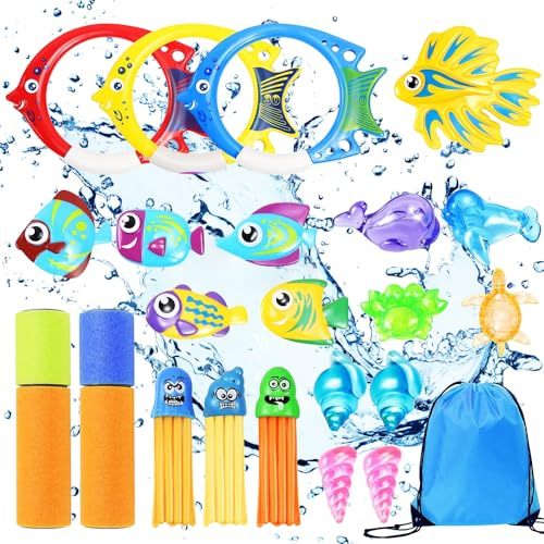 mizikuu 23 Piezas Juguetes de Buceo, Juguete Acuático para Piscina Seguro no tóxico Conjuntos de Juegos de Agua conanillos de Buceo y torpedos Verano Piscina para Regalo niños,Entrenamiento de Buceo