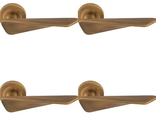4 Pack - Premium Angle Twist Door Handle Set - Antique Brass Designer Lever on Round Rose