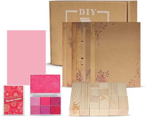 SCULPFUN 14 Stück Holz Schnitzen Set und 7 Farben Stempelkissen-Set, DIY Karten Machen, für Scrapbooks Journals Tagebücher Crafts DIY Karten - Rosa