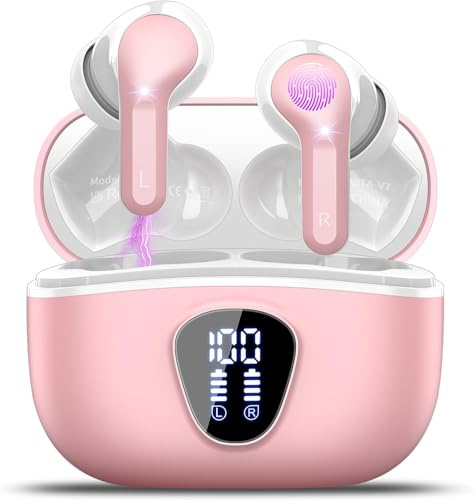 Ecouteurs Bluetooth sans Fil, Écouteurs Bluetooth 5.4 Oreillette Bluetooth | Basses Immersives avec 4 ENC Mic, Casque Bluetooth sans Fil 40H avec Écran LED, Étanche IP7 Contrôle Tactile, Rose