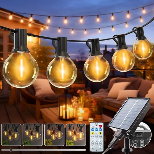 kolpop 10M Guirlande Solaire Exterieur avec Télécommande, 8 Modes Dimmable Guirlandes Lumineuse Solaires avec Minuterie, Étanche Lumiere Guinguette Ampoule pour Jardin Terrasse Cour Pergola Fête