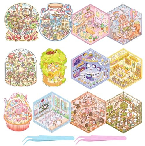 UBERMing 12 Pcs DIY 3D Sticker House Set mit 2 Pinzette, Hausaufkleber 3D Miniature Scene Stickers, Aufkleber Scene Selbermachen von Kaffeehaus Bäckerei Vergnügungspark für Erwachsene und Kinder