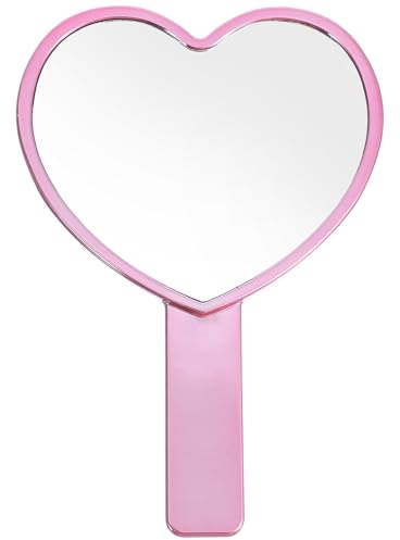 1 miroir à main en forme de cœur avec poignée, petit miroir de poche en forme de vague d'eau, joli miroir grossissant unilatéral avec poignée pour maquillage de voyage pour homme et femme (rose, 10,2