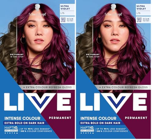 Schwarzkopf LIVE Intense Colour L76 Ultra Violet, Long-lasting Permanent Purple Hair Dye, Extra Bold on Darker Hair, With Extra Colour Refresh Gloss (Pack of 2)