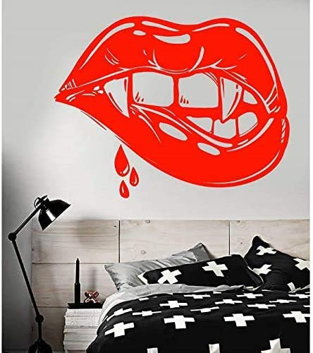 Vinyl Wand Applique Sexy Lippen Vampir Fang Girl Fantasy Halloween Aufkleber, Holiday Girl Raumdekoration Wandaufkleber 55X42Cm