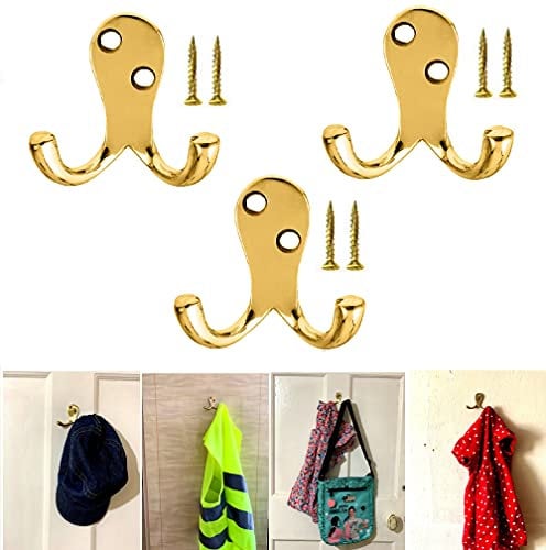 TERF® Polished Brass Twin Wall & Door Hooks - Hat, Coat, Robe Hooks for Bathroom, Bedroom, Kitchen, Office - Pack of 3