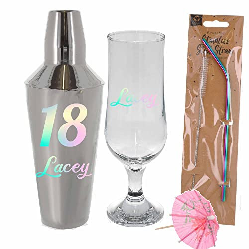 Personalised 18th Birthday Cocktail Shaker & Pina Colada Glass Kit Gift Set (Full Set)