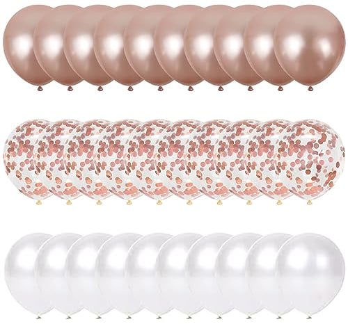 60 Palloncini Rose Gold Bianco e Confetti Balloon Oro Rosa Dorato, 40 Palloncini Classici + 20 Palloncini di Coriandoli Rosegold. Decorazioni per Festa Compleanno e Battesimo