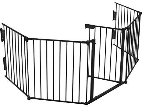 YUENFONG Kaminschutzgitter mit Tür 300cm Schutzgitter Türschutzgitter Metall Absperrgitter Sicherheitstür ofenschutzgitter inkl. 5 Elemente, für Kinder Haustier(Schwarz, 75 x 60 cm)