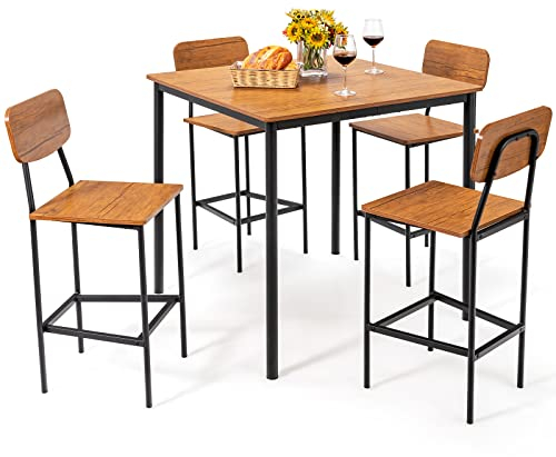 COSTWAY Esstisch mit 4 Barhockern, Küchentisch in Thekenhöhe, Metallrahmen, Essgruppe für 4 Menschen, Bartisch Set 5-teilig, Sitzgruppe Braun, für Küche, Esszimmer, Restaurant