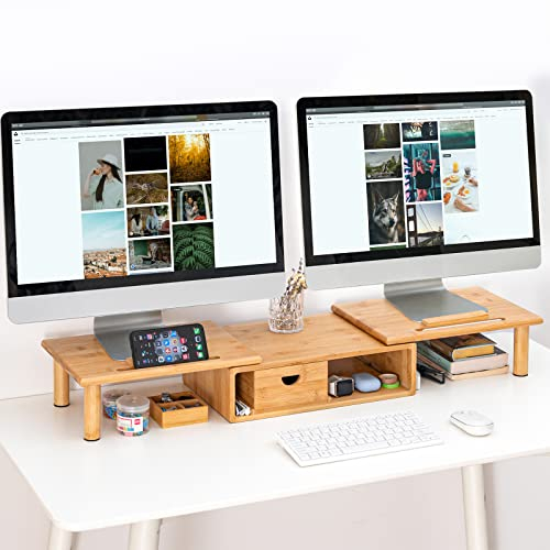ROCDEER Bamboo Dual Monitor Regal für 2 Monitore, Monitor Stand Riser, darunter Lagerung für Schreibtisch Bürobedarf, und unterstützt für Computer-Monitor, schwere TV Riser bis zu 130 lbs, Natur