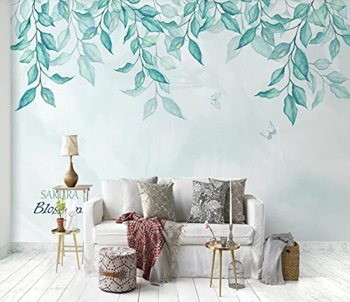 Papier Peint Panoramique Bleu Pâle Feuillage Frais Simple Moderne Papier Peint 3D Intissé Décoration Murale