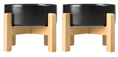 SPUNKYJUNKY Hundenapf Keramik Erhöhter Futternapf Set mit Bambus Ständer für Katzen und Hunde (400ml, Schwarz)