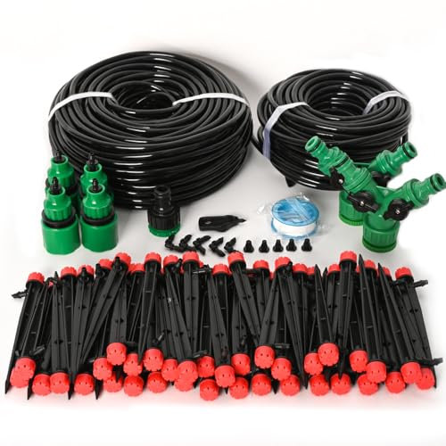 Kit de riego por goteo automático de 196 pies Equipo de riego por microgoteo para ahorro de agua para invernaderos Boquillas ajustables Accesorios de púas de tubería de 1/4 de pulgada