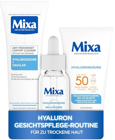 Mixa Hyaluron Gesichtspflege-Routine: Hyaluronsäure + Milchsäure Serum 30ml gegen trockene Haut + Feuchtigkeitscreme mit LSF50+ 50ml + Anti-Trockenheit Comfort Cleanser 150ml für zu trockene Haut