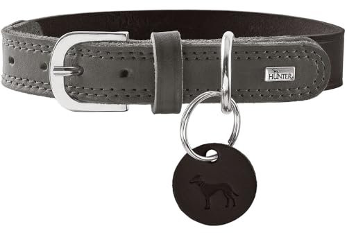 HUNTER Hundehalsband LEMVIG, Farbe: schwarz/steingrau, Leder, belastbar & strapazierfähig, angenehm weich, komfortabel, elegant & trendig, Made in Germany, Größe: 45