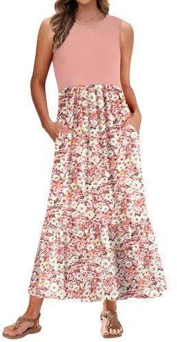 PLMOKEN Robe Longue D'Été pour Femmes Maxi Robe De Plage Robe Longue Décontractée Col Rond avec Poches