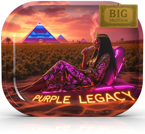 PURPLE LEGACY® Base 34 × 27,5 × 2,7 cm | chapa de metal | diseño egipcio Cyberpunk | Práctica bandeja con esquinas redondeadas (Desert Field Big)