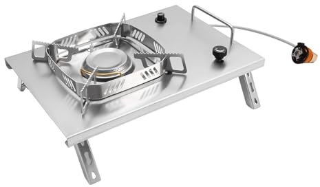Hornillo de gas para camping de acero inoxidable, 2600 W, incluye manguera de 50 cm y adaptador de embrague, hornillo de gas de 4 patas, para camping y exteriores, viajes de autocaravana