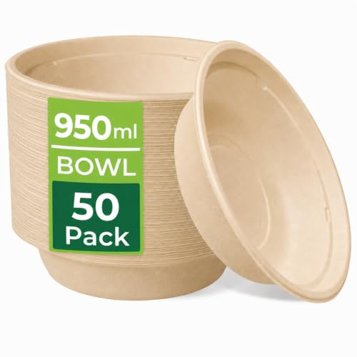 50 Pack Strong Paper Bowls – Large Brown Disposable Bowls for Parties 32oz | 8.5 x 2.4 in, Heavy-Duty Recyclable Microwavable Deep Bagasse Bowls for Hot Food, Serving, Picnic, Camping, Pasta, Salads