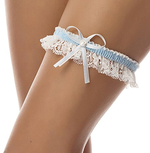 BrautChic® Elegantes SCHMALES Strumpfband Hochzeitsstrumpfband - Braut Strumpfband aus Spitze mit zarter Satinschleife- One Size- CREME/BLAU