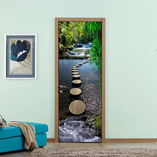 FLFK Pont de jet de pierre de ruisseau de montagne Autocollant Porte Affiche 3D pour Cuisine Chambre Salle de Bain Auto-adhésif Amovible Murale Décoration 77X200cm