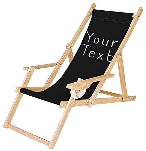 Ferocity Holz-Liegestuhl Klappbar Personalisiert Klappliegestuhl mit Armlehne und Getränkehalter Strandstuhl Motiv Bedrucken Schwarz, Deinen Text [119]