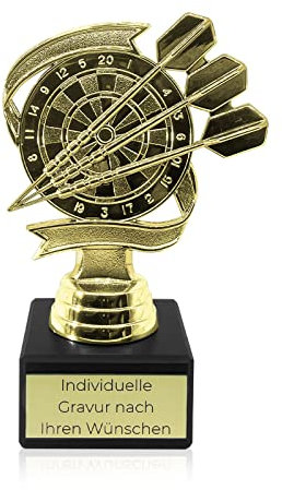 Dart Pokal mit Gravur Wunschtext | Dartspokal | Dart Scheibe als Pokal in Gold | Trophäe für Dartturniere | Wanderpokal für Darts | Pokal Gold mit Gravur 14cm | Dartpfeile und Scheibe Design Trophy