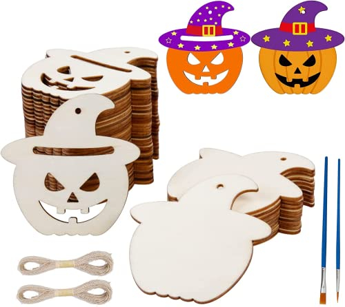 LOPOTIN 40stk Halloween Basteln Kinder Holz Kürbis Bastelset Herbst Kürbissholzscheiben mit Pinsel Hanfseil Herbstdeko ab 6 Jahre Bastelset für Party Herbstzeit Dekorationen