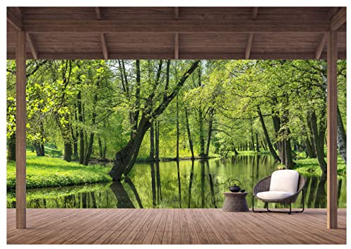 wandmotiv24 Fototapete Ausblick Terrasse Wald Fluss, L 300 x 210 cm - 6 Teile, Wanddeko, Wandbild, Wandtapete, Sessel Teekanne Berge Wasser Holz Pergola Bäume M6844