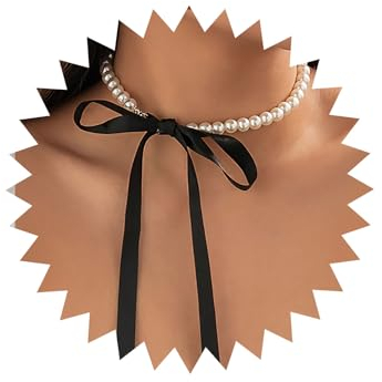 TseenYi Vintage Perlen Choker Halskette Boho Perlenstrang Schwarzer Samtband Bowknot Halskette Lange Breite Fliege Braut Perle Hochzeit Schmuck Für Frauen Und Mädchen