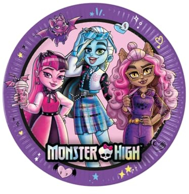 CAPRILO Lote de 24 Platos Juveniles Decorativos de Cartón Monster High Ø 23 cm. Vajillas. Detalles para Fiestas de Halloween, Cumpleaños, Bodas, Bautizos y Comuniones. AB