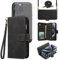 Phone Case for iPhone 15 Pro 6.1 inch Zipper Wallet Detachable Magnetic Cover with Tempered Glass Screen Protector Crossbody Lanyard Strap Flip Card Holder Slot i Phone15 i15 15Pro Women Black