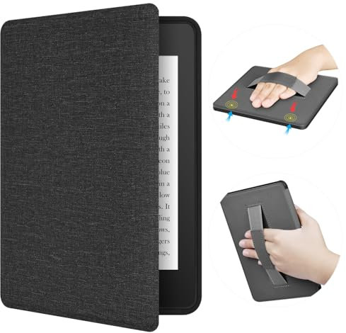 ERUNTO Hülle für 7 Zoll 12. Kindle Paperwhite, Signature Edition und Kindle Colorsoft. TPU-Hülle mit Stoffstruktur und Handgurt, doppelseitige Magnetschale mit Weck-/Schlaffunktion (Schwarz)