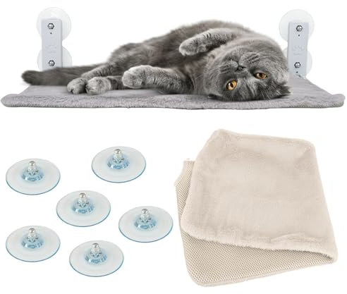 FR3® Hamaca Gato Ventana | Incluye 2 Fundas, (Color Gris y Crema), y 6 ventosas. Juguete, Funda Y 2 VENTOSAS DE Regalo | Fundas de Doble Cara, Verano/Invierno. Cama Gatos Ventana.