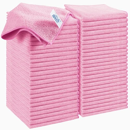HOMEXCEL 50PCS Pink Microfibre Car Cleaning Cloths Towels, 11.5x11.5 Inch | Ultra Absorbent Reusable Car Wash Cloths Towels Lint Free Streaks Free for Cars, Kitchen, Glass Windows, and General Home Use
