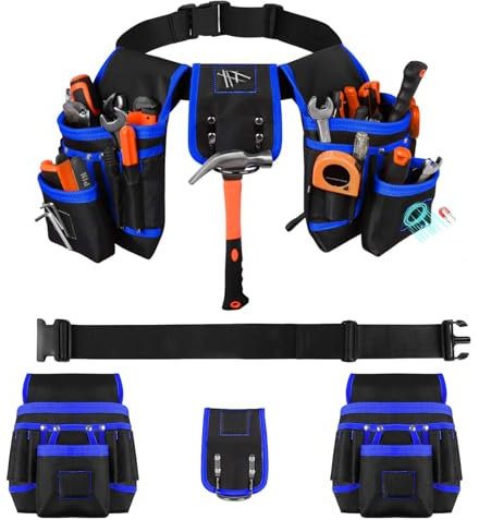 BLOGLOER Werkzeuggürtel Herren mit 26 Taschen und 1 Hammerhalter, Magnetische Abnehmbare und Verstellbare Werkzeugtasche Gürtel, Werkzeug Gürteltasche, für Elektriker, Schreiner, Bauarbeiter, Blau