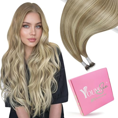 YoungSee Nano Ring Hair Extensions Brown 24inch,Cold Fusion Nano Hair Extensions Real Human Hair,Balayage Light Brown with Platinum Blonde Ombre for Diy Enthusiasts,Long Straight 50g 50s