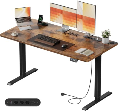 HLONONE Höhenverstellbarer Schreibtisch mit Steckdosen, 100×60 cm, Braun | Schreibtisch Höhenverstellbar mit USB‑Ladeanschluss, Elektrisch Computertisch mit Memory‑Funktion für Homeoffice