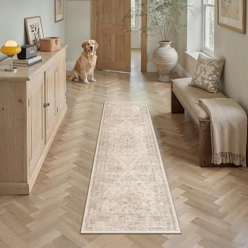 PureCozy Teppich Flur Läufer 60x180cm Beige Teppichläufer Waschbarer Tepich | Weich Kurzflor Carpet, Rutschfest, Küche, Bettvorleger,Eingangsbereich, Schlafzimmer, Esszimmer