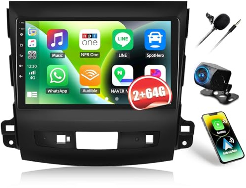 CAMECHO 2G+64G Android Car Stereo for Mitsubishi Outlander 2007-2012 / Peugeot 4007 2009-2012 with Wireless CarPlay Android Auto, 9 Touch Screen Bluetooth Car Radio with GPS WiFi FM Backup Camera