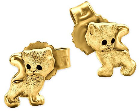 CLEVER SCHMUCK Goldene kleine Kinder Ohrstecker Mini Katze 6 x 5 mm mit schwarzen Augen seidenmatt und glänzend 333 GOLD 8 KARAT für Kinder im Etui sand