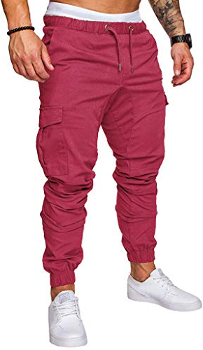 Xmiral Jogginghose Herren Einfarbige Mehreren Taschen Elastische Taille Tunnelzug Cargohose Overall Sportshorts Kn鯿hel-L鋘geHosen Arbeitshosen(rot,XXL)