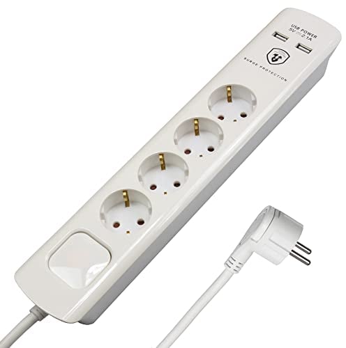 FeinTech MD000433 4-fach Steckdosenleiste mit USB Ladegerät 3 m Kabel mit Flachstecker, 3680 W