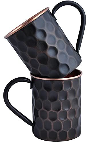 STAGLIFE 20 Oz Black Matte Honeycomb Moscow Mule Mugs 100% Pure Solid Genuine Copper Cups for Drinking Water Cocktail Beverages Moscow Mules with Rose Gold Copper Rims Gift Set of 2, Unlined